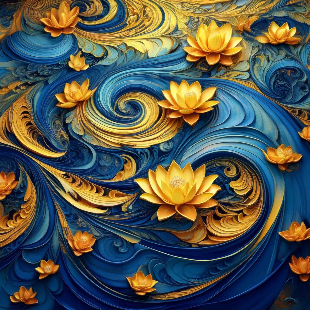 Golden lotus flowers on blue waves