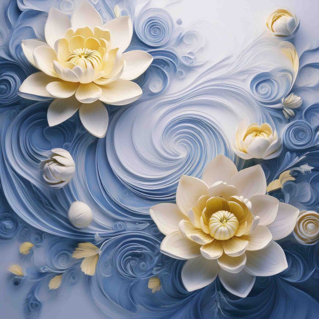 Elegant white lotus flowers on blue