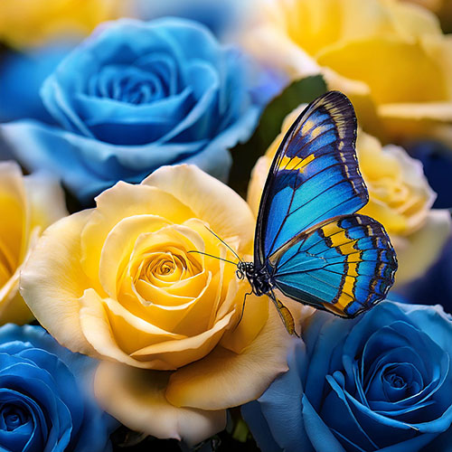 Blue butterfly on yellow roses