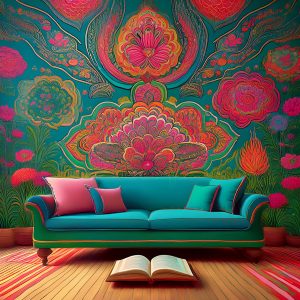 Colorful room with floral mural and book