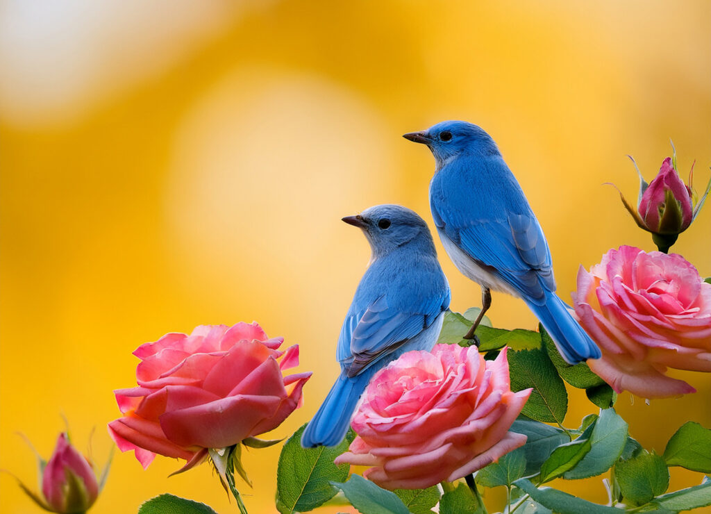 Two blue birds on pink roses