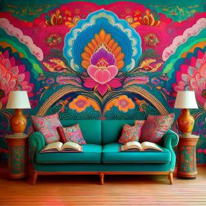 Vibrant floral mural with teal sofa.