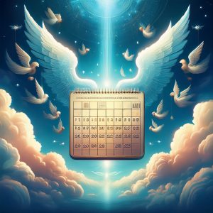 Calendar with angelic wings and clouds