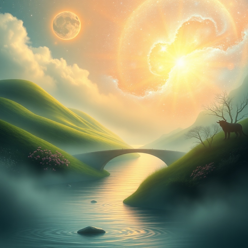 Serene landscape with bridge and sun