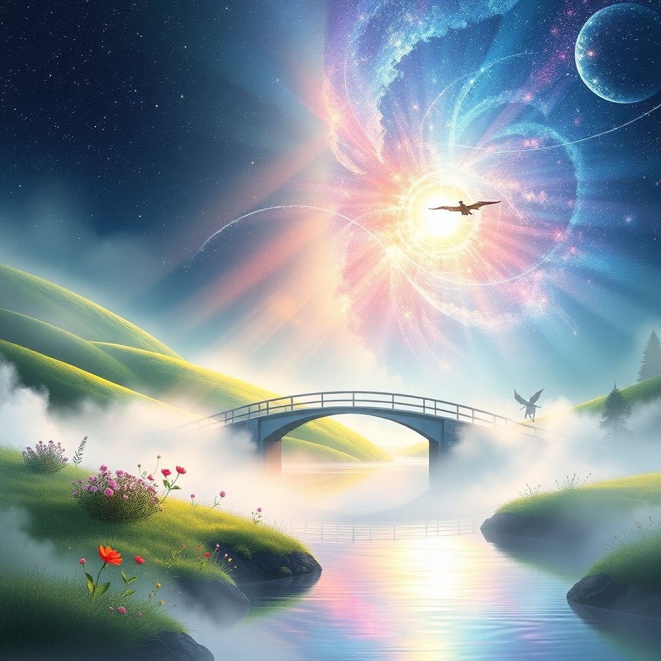 Cosmic landscape with bridge and mist
