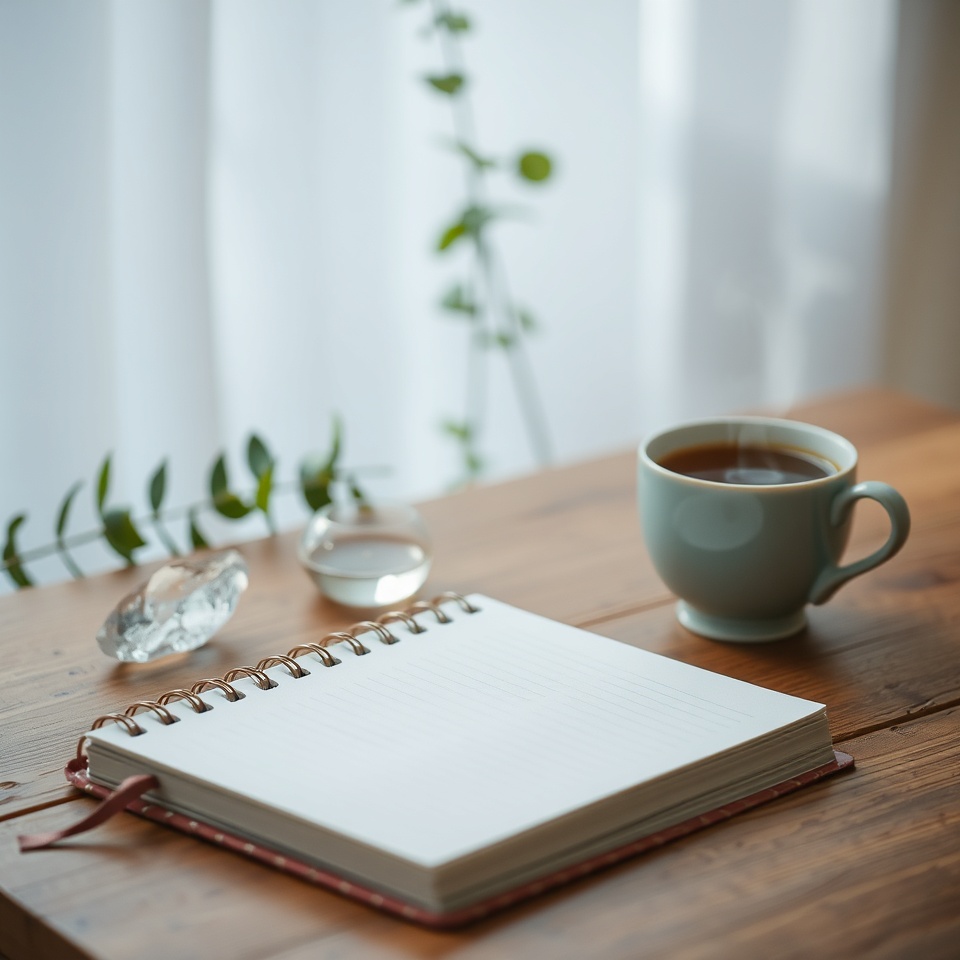 Notebook and tea on wooden table